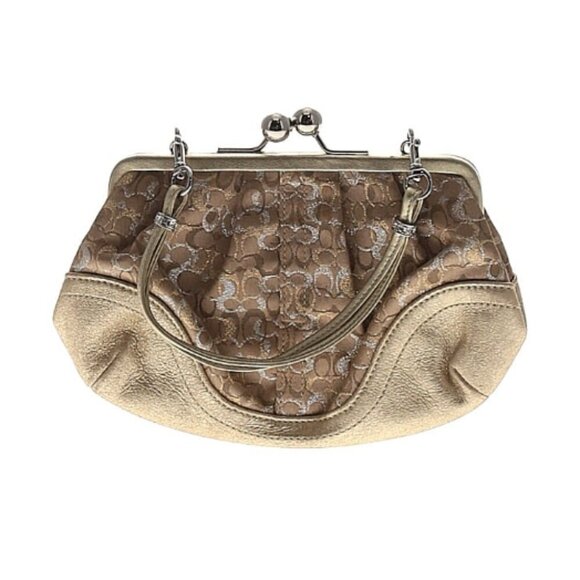 Coach Handbags - Vintage Coach Matte Gold Leather/Fabric Kiss Lock Clutch Bag